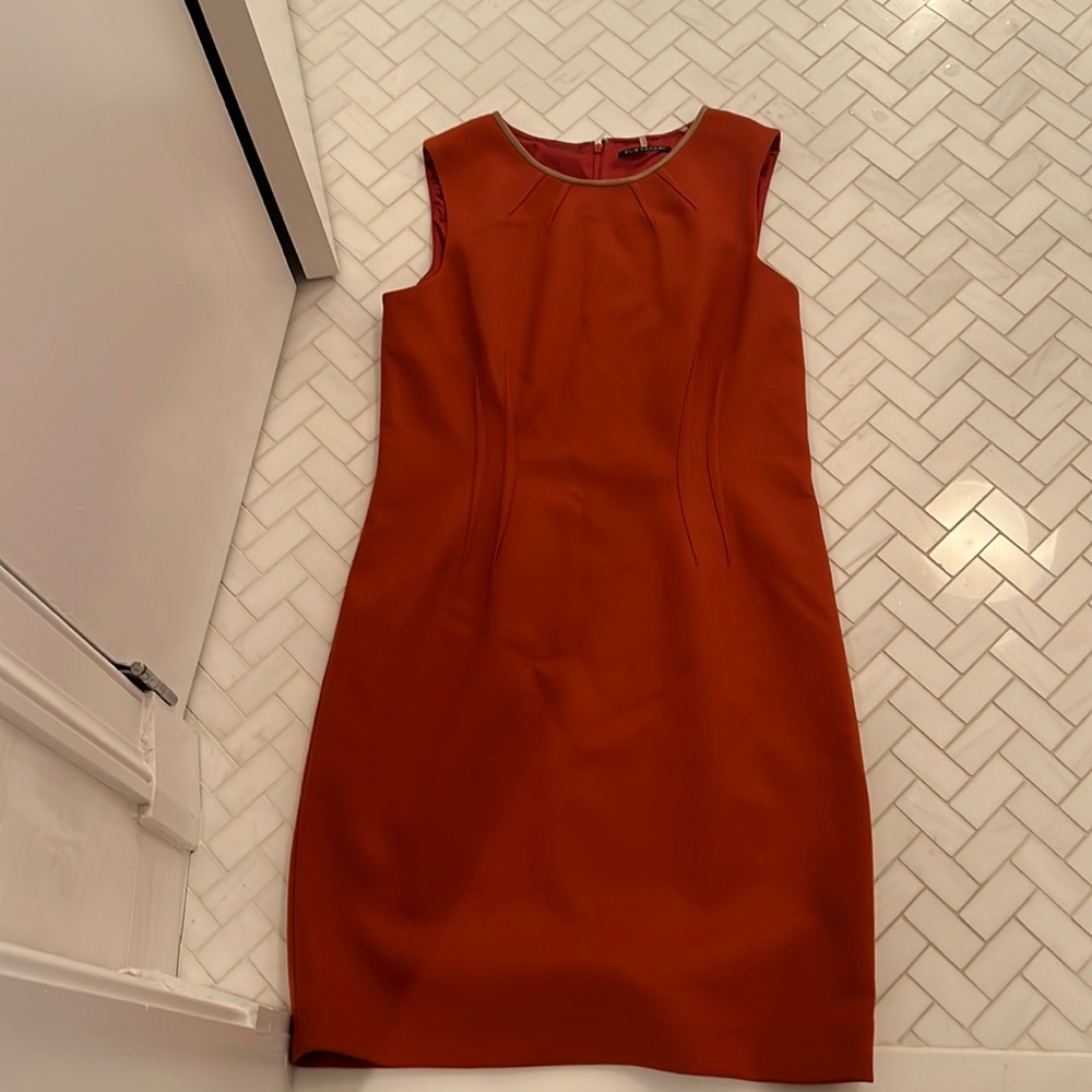 Elie Tahari orange dress with leather trimming
